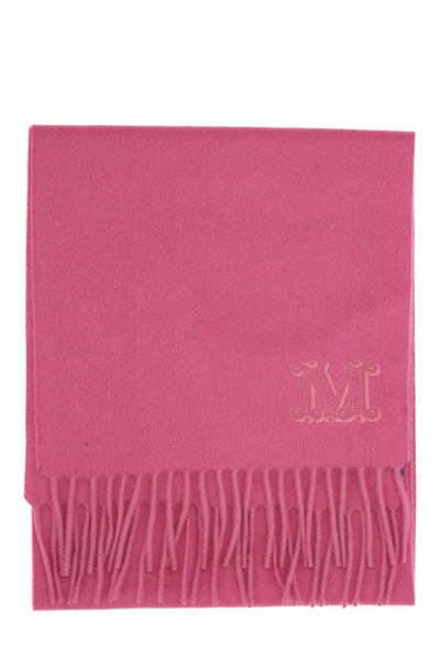Shop Max Mara Logo Embroidered Fringed Knitted Scarf In Rosa