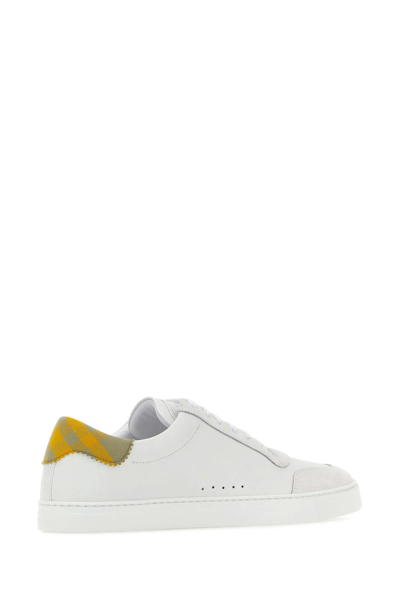 Shop Burberry White Leather Check Sneakers
