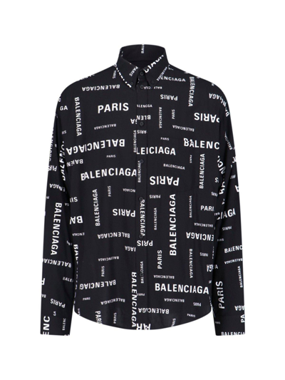 Shop Balenciaga Allover Logo Printed Long-sleeved Shirt In Black/white