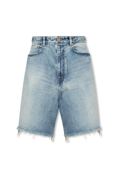 Shop Balenciaga Frayed Edge Denim Shorts In Eco Blue