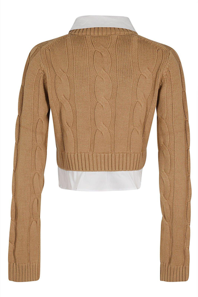 Shop Staud Duke V-neck Cable-knit Cropped Jumper In Camel White