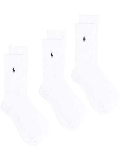 Shop Polo Ralph Lauren Logo Embroidered 3-pack Crew Socks  In White