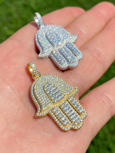 Pre-owned Hip Hop Solid 10k Yellow Or White Gold Hamsa Hand Iced 3ct Moissanite Pendant Necklace