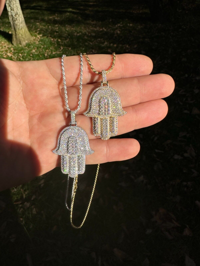 Pre-owned Hip Hop Solid 10k Yellow Or White Gold Hamsa Hand Iced 3ct Moissanite Pendant Necklace