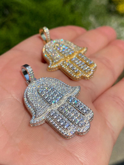 Pre-owned Hip Hop Solid 10k Yellow Or White Gold Hamsa Hand Iced 3ct Moissanite Pendant Necklace