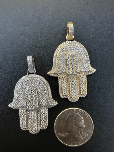 Pre-owned Hip Hop Solid 10k Yellow Or White Gold Hamsa Hand Iced 3ct Moissanite Pendant Necklace