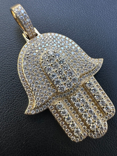 Pre-owned Hip Hop Solid 10k Yellow Or White Gold Hamsa Hand Iced 3ct Moissanite Pendant Necklace