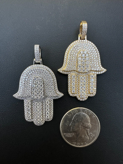 Pre-owned Hip Hop Solid 10k Yellow Or White Gold Hamsa Hand Iced 3ct Moissanite Pendant Necklace