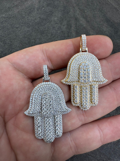 Pre-owned Hip Hop Solid 10k Yellow Or White Gold Hamsa Hand Iced 3ct Moissanite Pendant Necklace