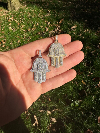 Pre-owned Hip Hop Solid 10k Yellow Or White Gold Hamsa Hand Iced 3ct Moissanite Pendant Necklace