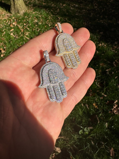 Pre-owned Hip Hop Solid 10k Yellow Or White Gold Hamsa Hand Iced 3ct Moissanite Pendant Necklace