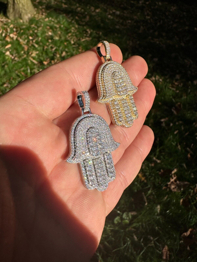 Pre-owned Hip Hop Solid 10k Yellow Or White Gold Hamsa Hand Iced 3ct Moissanite Pendant Necklace