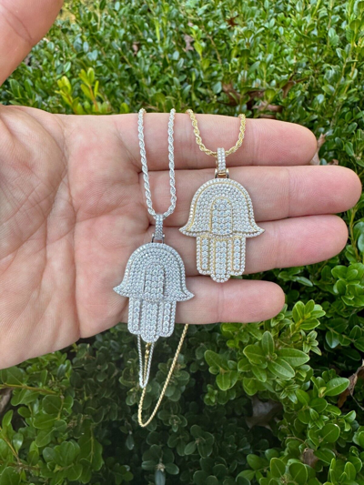 Pre-owned Hip Hop Solid 10k Yellow Or White Gold Hamsa Hand Iced 3ct Moissanite Pendant Necklace