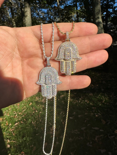 Pre-owned Hip Hop Solid 10k Yellow Or White Gold Hamsa Hand Iced 3ct Moissanite Pendant Necklace