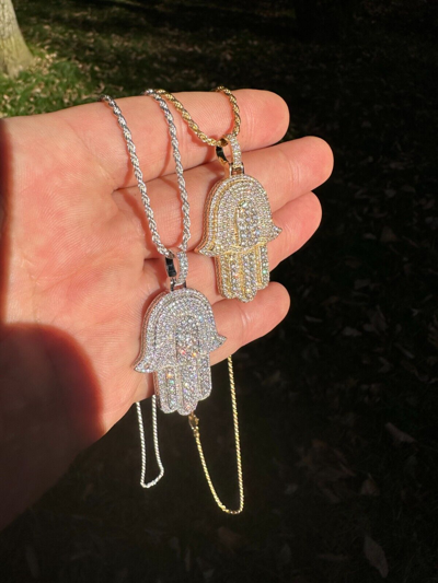 Pre-owned Hip Hop Solid 10k Yellow Or White Gold Hamsa Hand Iced 3ct Moissanite Pendant Necklace