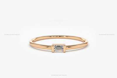 Pre-owned Handmade Solid Gold With Natural Brilliant Cut Baguette Diamond 14k Gold Stacking Ring In White