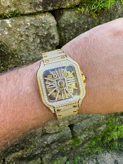 Pre-owned Hip Hop Real Mens Moissanite 14k Gold Watch Iced Automatic Movement  Skeleton