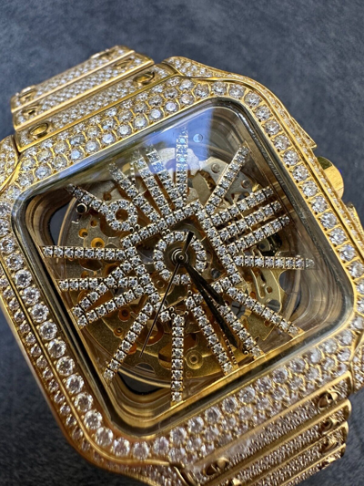 Pre-owned Hip Hop Real Mens Moissanite 14k Gold Watch Iced Automatic Movement  Skeleton