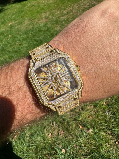 Pre-owned Hip Hop Real Mens Moissanite 14k Gold Watch Iced Automatic Movement  Skeleton