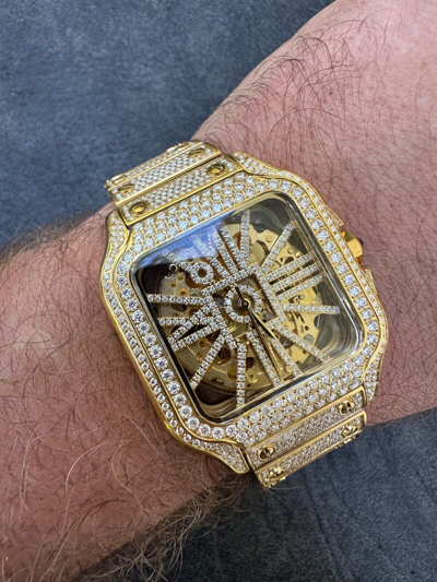 Pre-owned Hip Hop Real Mens Moissanite 14k Gold Watch Iced Automatic Movement  Skeleton
