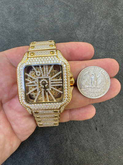 Pre-owned Hip Hop Real Mens Moissanite 14k Gold Watch Iced Automatic Movement  Skeleton