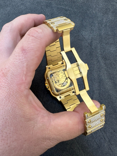 Pre-owned Hip Hop Real Mens Moissanite 14k Gold Watch Iced Automatic Movement  Skeleton