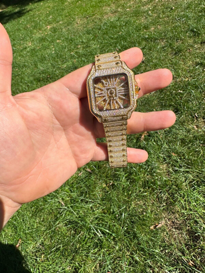 Pre-owned Hip Hop Real Mens Moissanite 14k Gold Watch Iced Automatic Movement  Skeleton