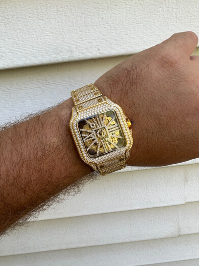 Pre-owned Hip Hop Real Mens Moissanite 14k Gold Watch Iced Automatic Movement  Skeleton