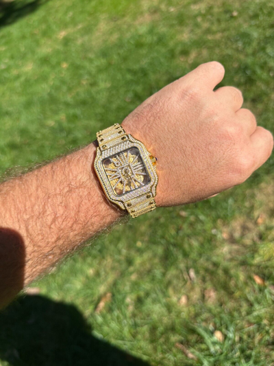 Pre-owned Hip Hop Real Mens Moissanite 14k Gold Watch Iced Automatic Movement  Skeleton