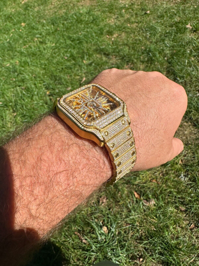 Pre-owned Hip Hop Real Mens Moissanite 14k Gold Watch Iced Automatic Movement  Skeleton