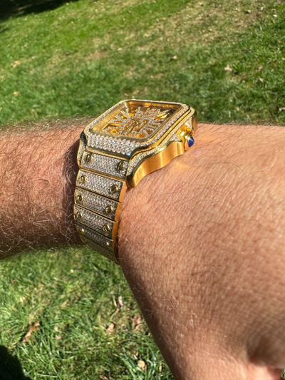 Pre-owned Hip Hop Real Mens Moissanite 14k Gold Watch Iced Automatic Movement  Skeleton