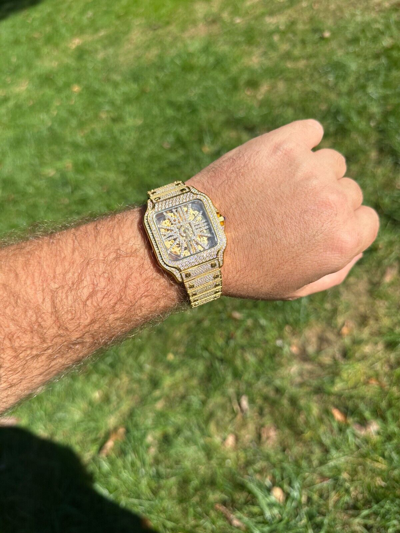 Pre-owned Hip Hop Real Mens Moissanite 14k Gold Watch Iced Automatic Movement  Skeleton