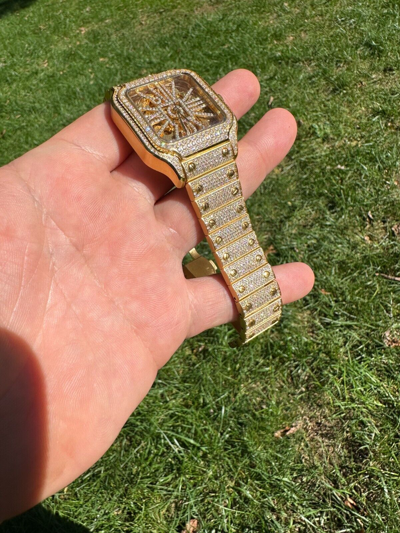 Pre-owned Hip Hop Real Mens Moissanite 14k Gold Watch Iced Automatic Movement  Skeleton