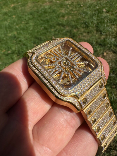 Pre-owned Hip Hop Real Mens Moissanite 14k Gold Watch Iced Automatic Movement  Skeleton