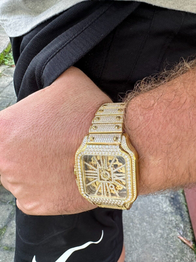 Pre-owned Hip Hop Real Mens Moissanite 14k Gold Watch Iced Automatic Movement  Skeleton