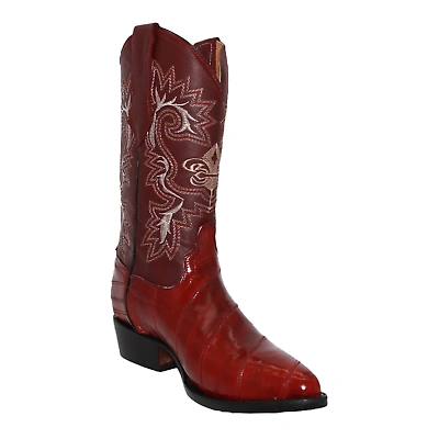 Pre-owned Western Men's Genuine Eel Skin J Toe Leather Cowboy Boots In Vino