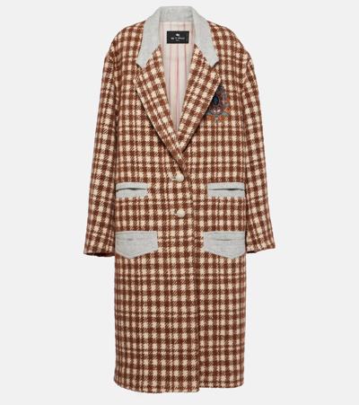 Shop Etro Embroidered Houndstooth Wool-blend Coat In Brown