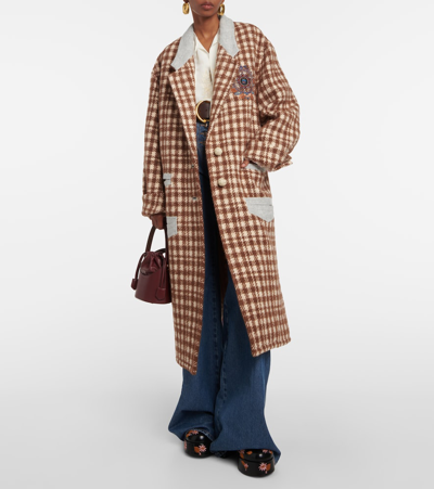 Shop Etro Embroidered Houndstooth Wool-blend Coat In Brown