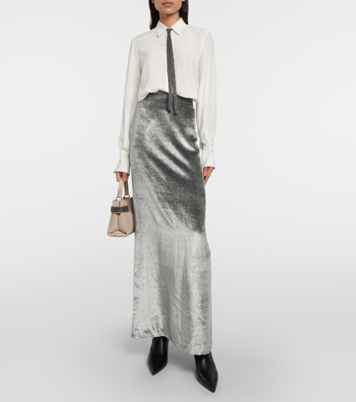 Brunello Cucinelli Velvet Maxi Skirt In Silver
