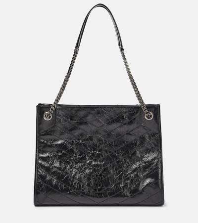 Shop Saint Laurent Niki Crinkled Leather Shopper In Black