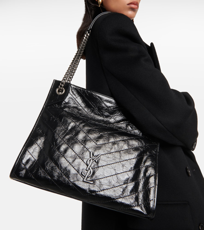 Saint Laurent Niki Medium Ysl Shopper Tote Bag In Crinkled Leather In Black