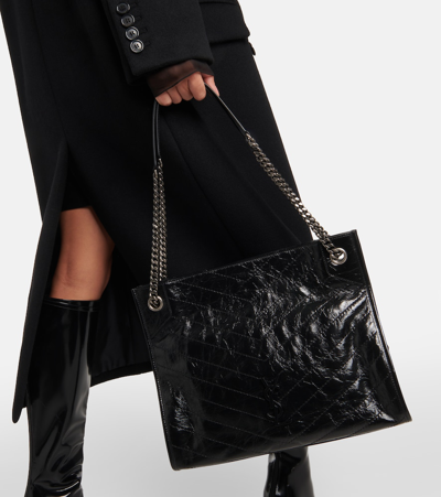 Saint Laurent Niki Medium Ysl Shopper Tote Bag In Crinkled Leather In Black
