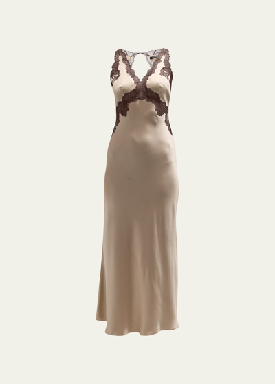 Shop Josie Natori Lolita Open-back Floral-print Silk Nightgown In Parchment W/ Ash