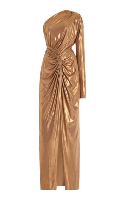 Shop Lapointe Gathered Coated-jersey Maxi Dress In Gold