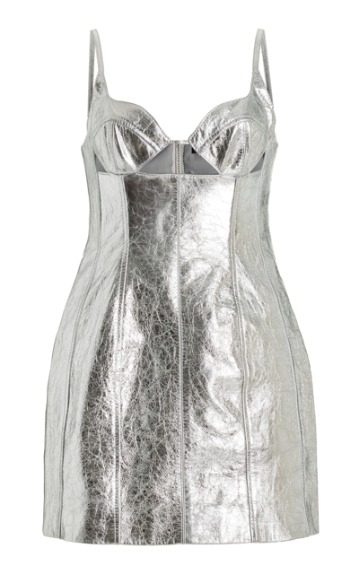 Shop David Koma Metallic Crushed Leather Mini Dress In Silver