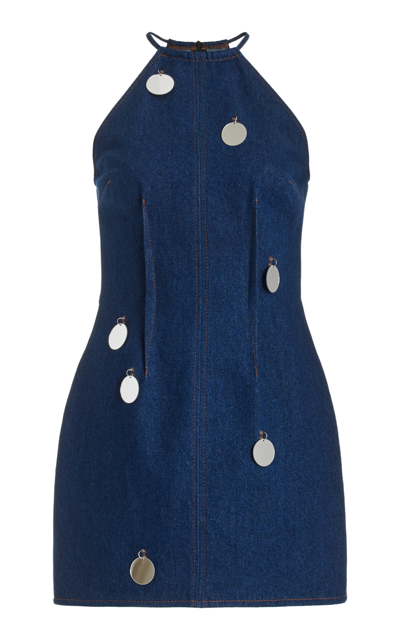 Shop David Koma Mirror Sequin Denim Mini Dress In Blue