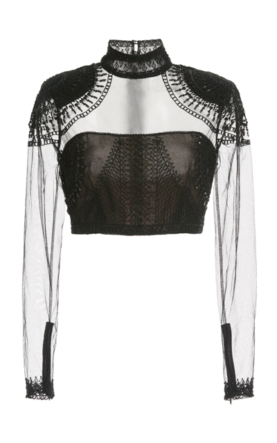 Shop Cucculelli Shaheen Exclusive Dessiner La Dentelle Beaded Tulle Cropped Top In Black