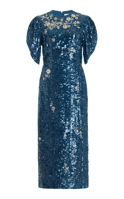 Shop Erdem Astrea Sequined Midi Dress In Blue