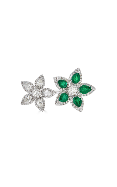 Shop Piranesi Double Flower 18k White Gold Emerald; Diamond Ring In Green