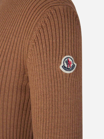 Shop Moncler Logo Patch Ribbed Dress In Nut